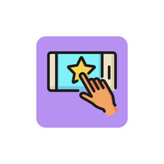 Line icon of hand touching star button on mobile phone. Favorites, website, premium account. Internet concept. Can be used for web design, mobile app and pictogram