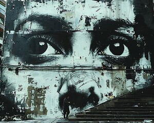  Enigmatic Urban Eye Mural on Weathered Wall
