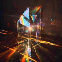 3D geometric prisms reflecting and refracting light in a dark room