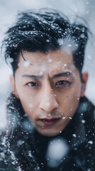 Winter Portrait of a Young Man in Snowfall
