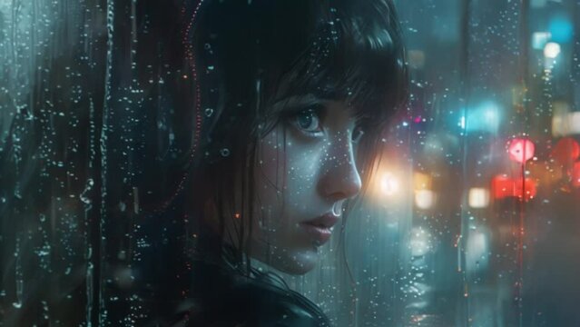 anime style video of girl in the mirror in the rain