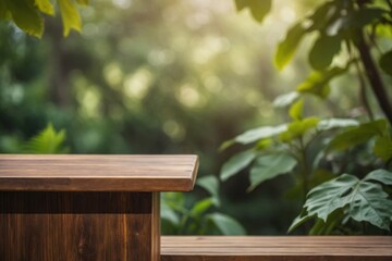Fototapeta na wymiar Wooden podium table with blurred nature background