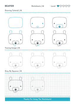 How to Draw Doodle Animal Beaver, Cartoon Character Step by Step Drawing Tutorial. Activity Worksheets For Kids