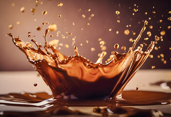 A dynamic splash of chocolate captured in high detail against a blurred background, illustrating...