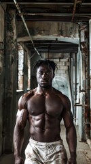 Fototapeta na wymiar Muscular African American Man in an Abandoned Building