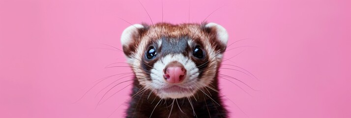 A mischievous ferret, whiskers twitching, set against the playful pop of a bubblegum pink backdrop - obrazy, fototapety, plakaty