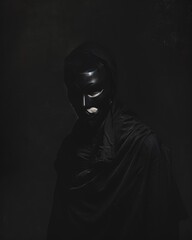 A mysterious man in a mask standing in shadows, dark tones with subtle light highlighting facial features