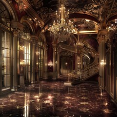 Opulent_Baroque_Interior_Red_Marble_Staircase,An opulent baroque interior with a sweeping red marble staircase, gold accents, and a sense of luxury and history