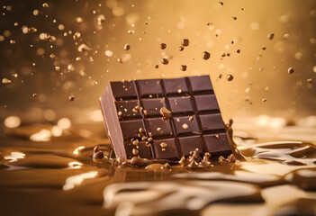 A bar of chocolate splashing into liquid chocolate with droplets flying around, set against a...