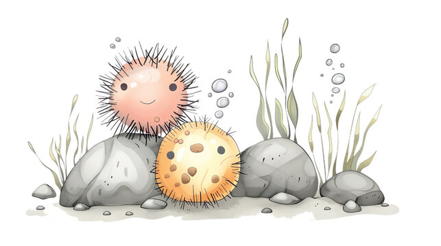 a Sea urchins on a rocky shore, complete with a cute,The scene is set against a pure white background, emphasizing the character dynamic pose and the delightful expression of determination on its face