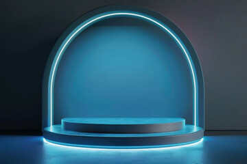 Deep Blue Brilliance:Glowing Light on 3D Rendered Podium