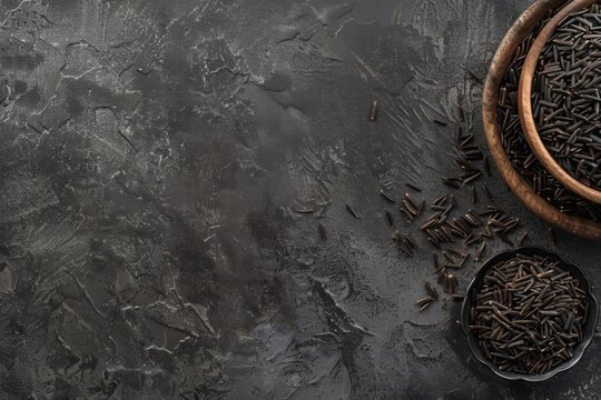 Wild Rice on Dark Stone Background Top View with Copy Space