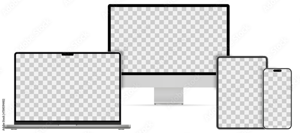Poster Mockups technology devices group of 2024 year with transparent display in silver color, device screen mockup, blank screen, phone tablet, computer monitor, laptop