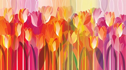Vibrant Digital Artwork of Stylized Tulip Field at Sunset