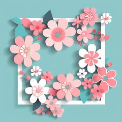 Happy Mother's Day vector illustration with flowers and square frame on turquoise background, flat design, simple shapes