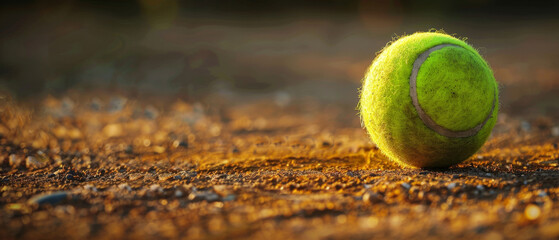 Tennis ball close-up on the clay court, showing the fuzzy texture and vibrant color contrast
