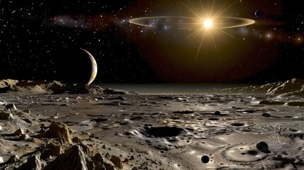 Obraz na płótnie Canvas Stunning depiction of a lunar surface with a breathtaking view of the cosmos and planets. Ideal for science fiction settings. Digital art style. AI