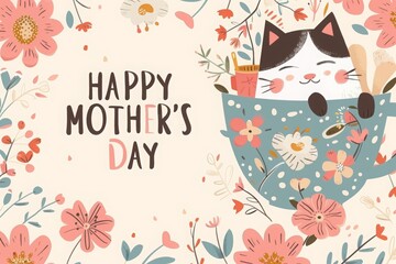 Mother's Day poster design featuring a cute kitten in a coffee cup, flowers and the text "HAPPY MOTHER'S DAY" on a pastel background. graphic design concept could be used for a web banner