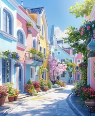 Sunny Day Charm: Pastel Colored Houses and Flower Pots on Beautiful Street