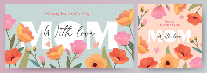 Obraz premium Trendy Mother's Day card, banner, poster, flyer, label or cover with flowers frame, abstract floral pattern in mid century art style. Spring summer bright abstract floral design template for ads promo