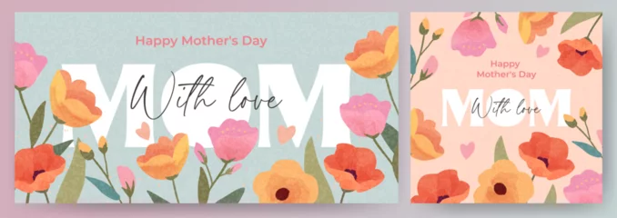 Foto auf Leinwand Trendy Mother's Day card, banner, poster, flyer, label or cover with flowers frame, abstract floral pattern in mid century art style. Spring summer bright abstract floral design template for ads promo © Tanya
