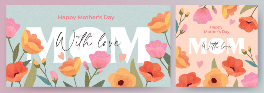 Naklejki Trendy Mother's Day card, banner, poster, flyer, label or cover with flowers frame, abstract floral pattern in mid century art style. Spring summer bright abstract floral design template for ads promo
