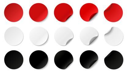 Paper stickers circle with rounded edges adhesive, red white and black paper round stickers with peeling corner and shadow, isolated rounded plastic mockup, set round paper curved corner