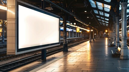 Create an attention-grabbing mockup of an empty public station advertisement board space, showcasing a blank white signboard with ample copy space for promotional content. 