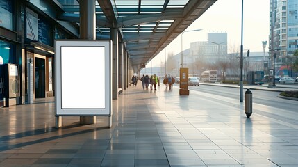 Create an attention-grabbing mockup of an empty public station advertisement board space, showcasing a blank white signboard with ample copy space for promotional content. 