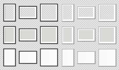 Picture photo frame realistic set empty mockup, isolated pictures frames mock-up in different forms, frames with shadow, blank frame border mockups, wall presentation