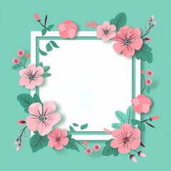 Happy Mother's Day vector illustration with flowers and square frame on turquoise background, flat design, simple shapes