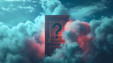 Question mark on an open door in the clouds on the sky, dreamy illustration. Gate way opportunity for success, surreal fantasy imagination portal transition, enter heavenly mystery, copy space