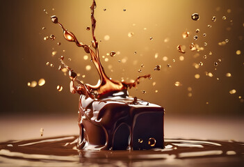 Chocolate cube splashed by liquid chocolate creating dynamic droplets against a warm golden...