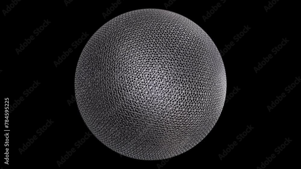 Poster realistic looping 3d animation of the spinning silver metallic wireframe sphere rendered in uhd with