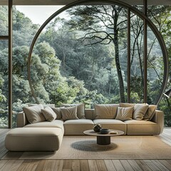 Minimalist Comfort: Beige Corner Sofa in Room with Round Floor-to-Ceiling Window