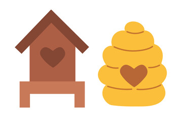 Honey flat Set elements, beekeeping industry. Bee house, Hive. Organic Eco farm. Clip art flat vector.