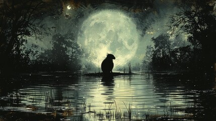 Mysterious Platypus. Silhouetted Against Full Moon, Casting Eerie Reflection in Still Pond.