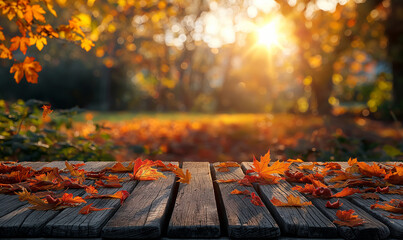 A wooden table underneath, The top and sides are maple autumn leaves, The background is fall grass