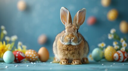 fluffy rabbit surrounded by colorful eggs on a vibrant blue background Plenty of copy space for your festive message Traditional Art Medium