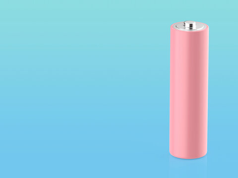 Pink AA size battery on blue background, copy space