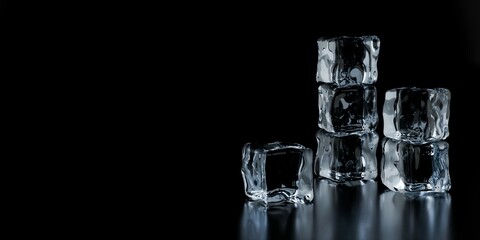 Three stacks of transparent ice cubes on black background with reflection and copy space - 784595823