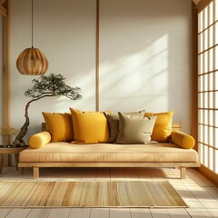 Asian Influence: Beige Loveseat with Yellow and Terra Cotta Cushions