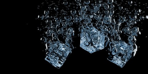 Three transparent ice cubes with air bubbles on black background with copy space - 784595846
