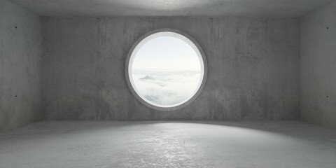 Abstract empty, modern concrete room with round window opening in the back wall and cloudy mountain view - industrial interior background template