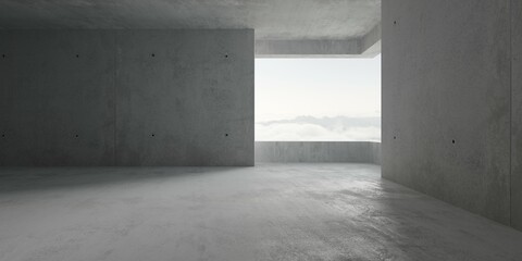 Abstract empty, modern concrete room with opening in the corner with balcony and cloudy mountain view - industrial interior background template
