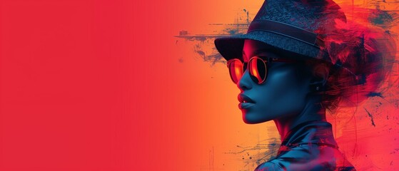 Fashion background, woman in hat and sunglasses, fashion model futuristic elegance profile view eyeglasses