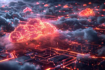 Cloud computing concept. Interconnected data. Big data server. Cloud technology illustration. Generative Ai