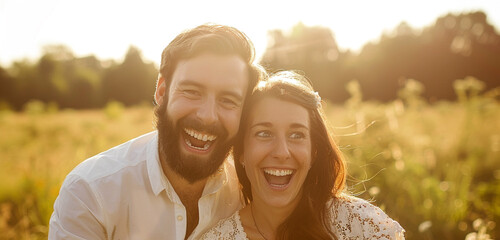 A couple enjoying a lighthearted moment in a meadow bathed in sunlight, their giggles infectious as they gaze straight into the camera - obrazy, fototapety, plakaty