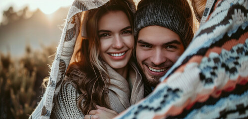A cute couple cuddling under a cozy blanket, their faces lit up with joy as they pose for a picture