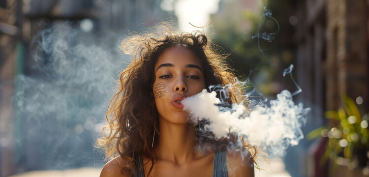 A rebellious-looking woman blowing smoke towards the camera with a smirk on her face